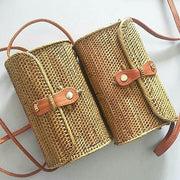 Summer Vintage Handmade Crossbody Leather Bag Round Straw Beach Bag Girls Circle Rattan bag Small Bohemian Shoulder bag