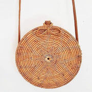 Summer Vintage Handmade Crossbody Leather Bag Round Straw Beach Bag Girls Circle Rattan bag Small Bohemian Shoulder bag