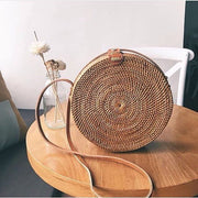 Summer Vintage Handmade Crossbody Leather Bag Round Straw Beach Bag Girls Circle Rattan bag Small Bohemian Shoulder bag