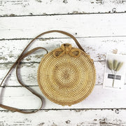 Summer Vintage Handmade Crossbody Leather Bag Round Straw Beach Bag Girls Circle Rattan bag Small Bohemian Shoulder bag