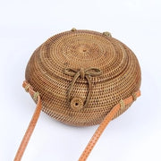 Summer Vintage Handmade Crossbody Leather Bag Round Straw Beach Bag Girls Circle Rattan bag Small Bohemian Shoulder bag