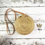Summer Vintage Handmade Crossbody Leather Bag Round Straw Beach Bag Girls Circle Rattan bag Small Bohemian Shoulder bag