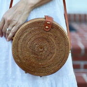 Summer Vintage Handmade Crossbody Leather Bag Round Straw Beach Bag Girls Circle Rattan bag Small Bohemian Shoulder bag