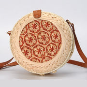 Summer Vintage Handmade Crossbody Leather Bag Round Straw Beach Bag Girls Circle Rattan bag Small Bohemian Shoulder bag