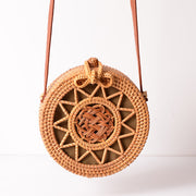 Summer Vintage Handmade Crossbody Leather Bag Round Straw Beach Bag Girls Circle Rattan bag Small Bohemian Shoulder bag