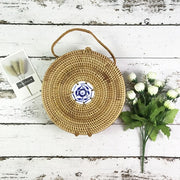 Summer Vintage Handmade Crossbody Leather Bag Round Straw Beach Bag Girls Circle Rattan bag Small Bohemian Shoulder bag