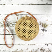 Summer Vintage Handmade Crossbody Leather Bag Round Straw Beach Bag Girls Circle Rattan bag Small Bohemian Shoulder bag