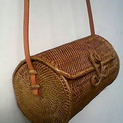 Summer Vintage Handmade Crossbody Leather Bag Round Straw Beach Bag Girls Circle Rattan bag Small Bohemian Shoulder bag