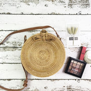 Summer Vintage Handmade Crossbody Leather Bag Round Straw Beach Bag Girls Circle Rattan bag Small Bohemian Shoulder bag