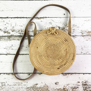 Summer Vintage Handmade Crossbody Leather Bag Round Straw Beach Bag Girls Circle Rattan bag Small Bohemian Shoulder bag