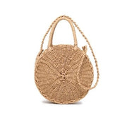 Summer Vintage Handmade Crossbody Leather Bag Round Straw Beach Bag Girls Circle Rattan bag Small Bohemian Shoulder bag