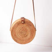 Summer Vintage Handmade Crossbody Leather Bag Round Straw Beach Bag Girls Circle Rattan bag Small Bohemian Shoulder bag