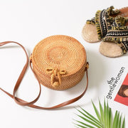 Summer Vintage Handmade Crossbody Leather Bag Round Straw Beach Bag Girls Circle Rattan bag Small Bohemian Shoulder bag
