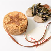 Summer Vintage Handmade Crossbody Leather Bag Round Straw Beach Bag Girls Circle Rattan bag Small Bohemian Shoulder bag