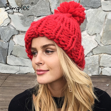 Simplee Knitting wool ball skullies beanies Casual streetwear warm hat cap Women autumn winter 2017 cute beanie hat female