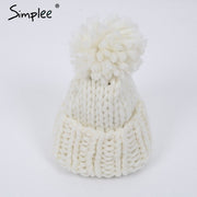 Simplee Knitting wool ball skullies beanies Casual streetwear warm hat cap Women autumn winter 2017 cute beanie hat female