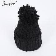 Simplee Knitting wool ball skullies beanies Casual streetwear warm hat cap Women autumn winter 2017 cute beanie hat female