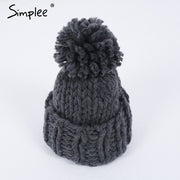 Simplee Knitting wool ball skullies beanies Casual streetwear warm hat cap Women autumn winter 2017 cute beanie hat female