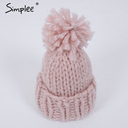 Simplee Knitting wool ball skullies beanies Casual streetwear warm hat cap Women autumn winter 2017 cute beanie hat female