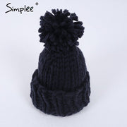 Simplee Knitting wool ball skullies beanies Casual streetwear warm hat cap Women autumn winter 2017 cute beanie hat female