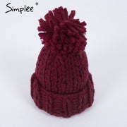 Simplee Knitting wool ball skullies beanies Casual streetwear warm hat cap Women autumn winter 2017 cute beanie hat female