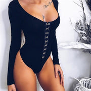 Glamaker Long sleeve low cut sexy bodysuit women tops Black rivet casual fitness jumpsuit romper body suit Party slim bodysuit