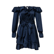 Conmoto Ruffles Lace Up Off Shoulder Women Dress Bow Long Sleeve Elegant Vintage Dress Bow Blue Party Satin Dress Vestidos