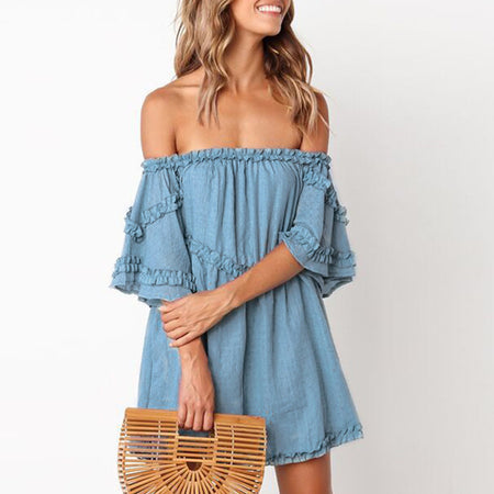 Conmoto Party Elegant Vintage Women Dress Ruffles Slash Neck Princess Dress Patchwork Blue Short Solid Casual Dress Vestidos