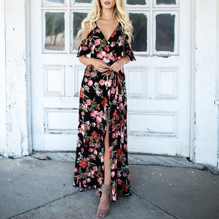 Glamaker Floral print summer dress Women ruffle off shoulder maxi dress V neck split boho sexy party beach dress vestidos 2018