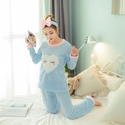 QWEEK Flannel Women Sleepwear Winter Female Pajamas Sets Thick Warm Female Suit Long Sleeve Pyjamas Women Velvet Home Clothes