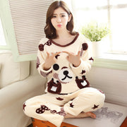 QWEEK Flannel Women Sleepwear Winter Female Pajamas Sets Thick Warm Female Suit Long Sleeve Pyjamas Women Velvet Home Clothes