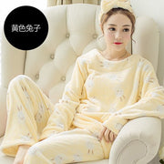 QWEEK Flannel Women Sleepwear Winter Female Pajamas Sets Thick Warm Female Suit Long Sleeve Pyjamas Women Velvet Home Clothes