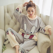 QWEEK Flannel Women Sleepwear Winter Female Pajamas Sets Thick Warm Female Suit Long Sleeve Pyjamas Women Velvet Home Clothes