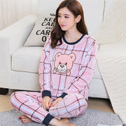 QWEEK Flannel Women Sleepwear Winter Female Pajamas Sets Thick Warm Female Suit Long Sleeve Pyjamas Women Velvet Home Clothes