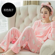 QWEEK Flannel Women Sleepwear Winter Female Pajamas Sets Thick Warm Female Suit Long Sleeve Pyjamas Women Velvet Home Clothes