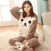QWEEK Flannel Women Sleepwear Winter Female Pajamas Sets Thick Warm Female Suit Long Sleeve Pyjamas Women Velvet Home Clothes