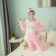 QWEEK Flannel Women Sleepwear Winter Female Pajamas Sets Thick Warm Female Suit Long Sleeve Pyjamas Women Velvet Home Clothes