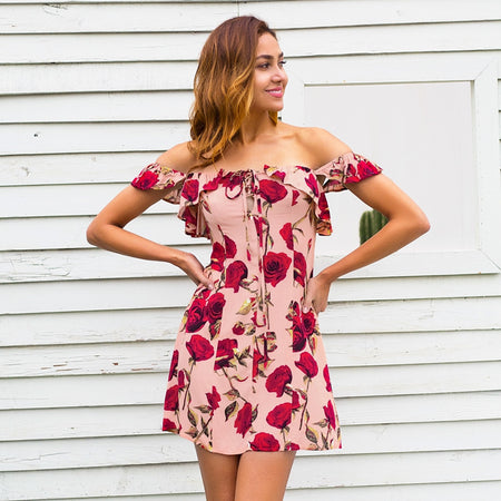 Simplee Ruffle off shoulder summer dress women Lace up floral print mini dress streetwear Spring short dress female vestidos