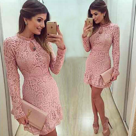 New Arrive Vestidos Women Fashion Casual Lace Dress 2018 O-Neck Sleeve Pink Evening Party Dresses Vestido de festa Brasil Trend