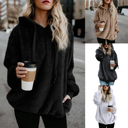 Women Hooded Sweatshirt Coat Winter Warm Wool Zipper Pockets Cotton Coat Outwear