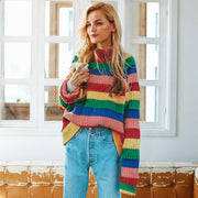 Simplee Fashion batwing sleeve rainbow sweater Elegant women pullovers 2018 winter autumn turtleneck knitted jumpers outwear