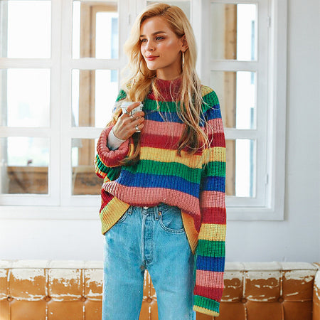Simplee Fashion batwing sleeve rainbow sweater Elegant women pullovers 2018 winter autumn turtleneck knitted jumpers outwear