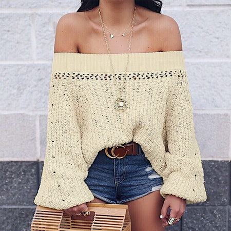 Conmoto Sexy Off Shoulder Sweater Women 2018 Autumn Lantern Long Sleeve Apricot Pullover Hollow out Streetwear Jumper Sueter