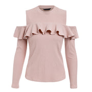 Simplee Elegant pink ruffles knitted pullover Cold shoulder female long sleeve sweater women Sexy autumn winter jumper 2018