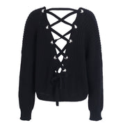 Simplee Sexy hollow knitted pullover V neck backless lace up autumn winter sweater Loose long sleeve jumper pull women tops 2018