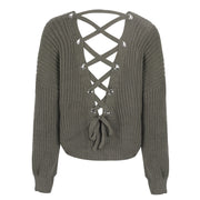 Simplee Sexy hollow knitted pullover V neck backless lace up autumn winter sweater Loose long sleeve jumper pull women tops 2018