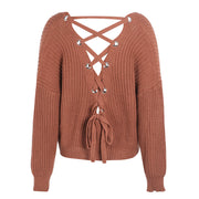 Simplee Sexy hollow knitted pullover V neck backless lace up autumn winter sweater Loose long sleeve jumper pull women tops 2018