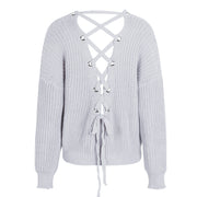 Simplee Sexy hollow knitted pullover V neck backless lace up autumn winter sweater Loose long sleeve jumper pull women tops 2018