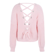 Simplee Sexy hollow knitted pullover V neck backless lace up autumn winter sweater Loose long sleeve jumper pull women tops 2018