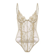 Glamaker Gold bodysuit lace backless Women cami Bodysuit sexy spaghetti strap women Autumn fashion flowers embroidery playsuits